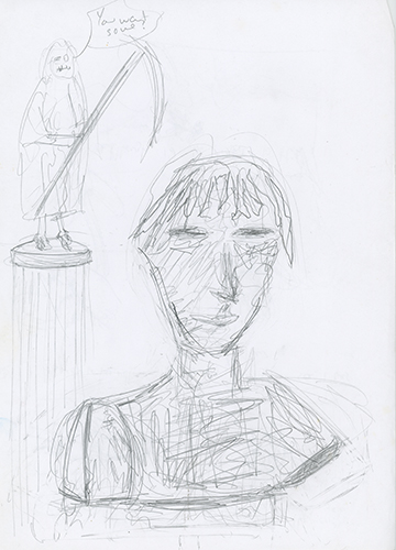 sketch of grim reaper standing on a greek column taunting a sculpture