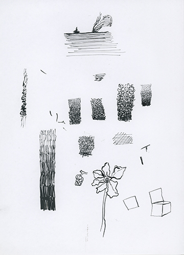 Inked sketches of cross hatching, flowers and a ship, after Turner